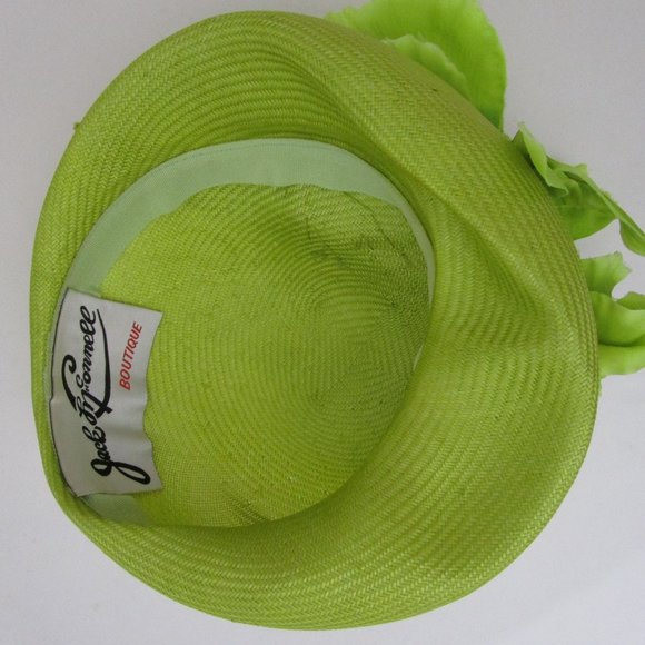 Jack McConnell Chartreuse Straw Hat Molded Torque Silk Orchid Church Percher - Picture 7 of 8